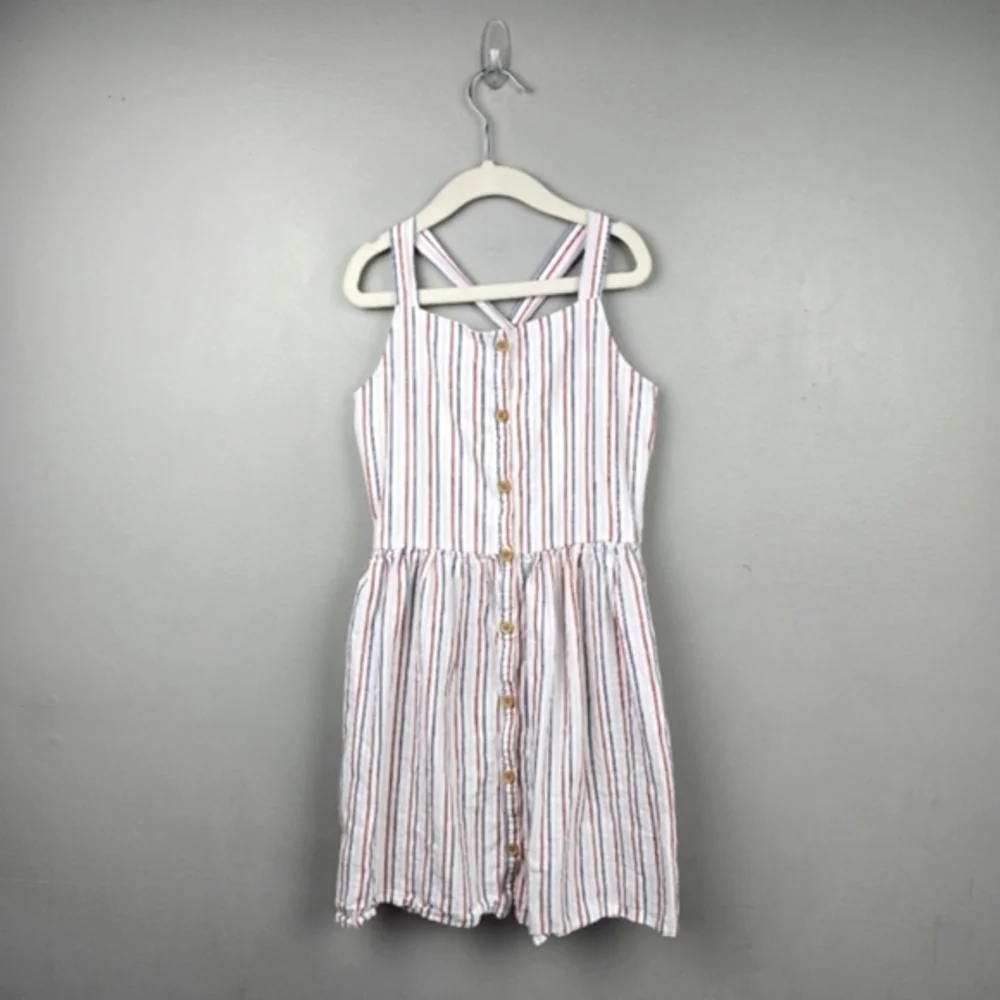 OSHKOAH B'GOSH Stripped Linen Summer Midi Dress Red White & Blue Girls‎ Size 8A